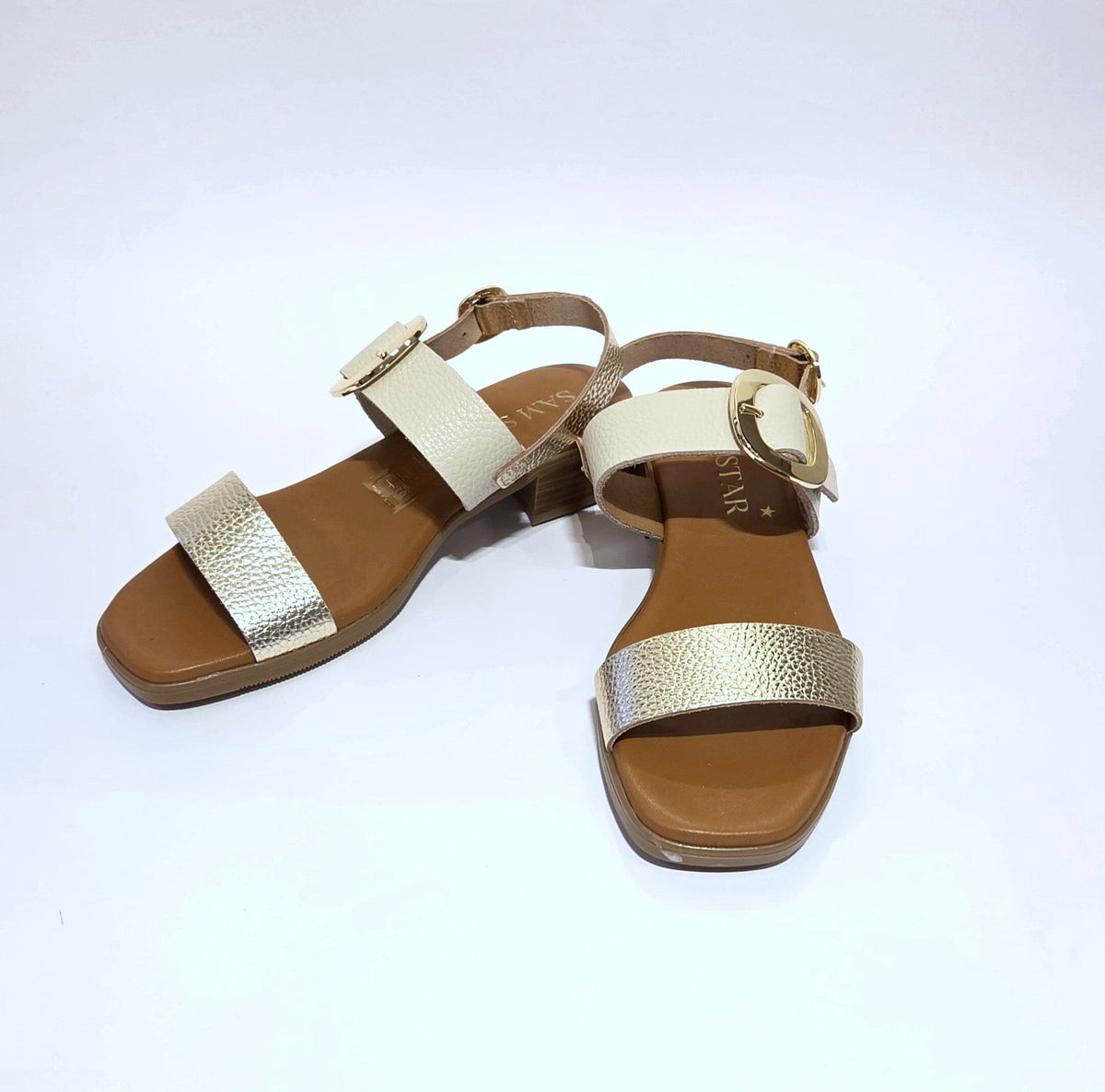 5894 Spanish leather sandals with gold buckle in multi colour and white (New) sandals Sam Star Shoes 