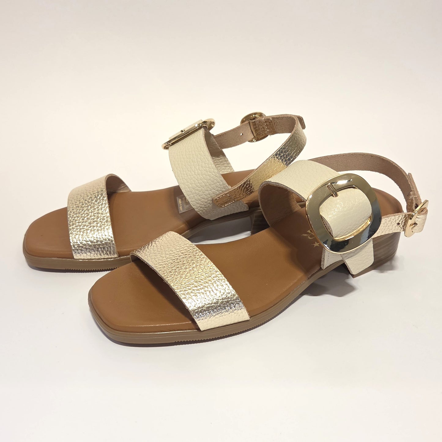 5894 Spanish leather sandals with gold buckle in multi colour and white (New)