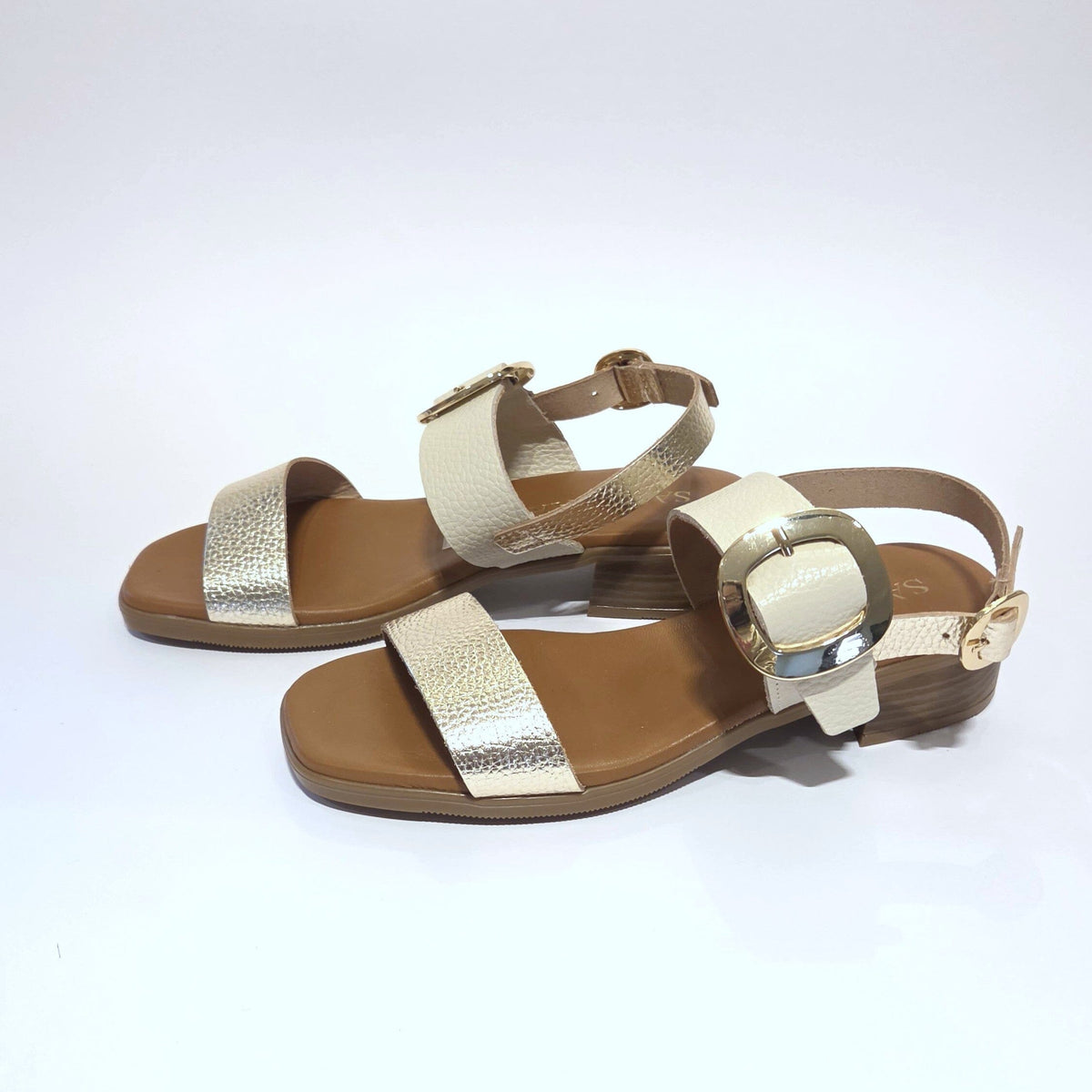 5894 Spanish leather sandals with gold buckle in multi colour and white (New) sandals Sam Star Shoes 