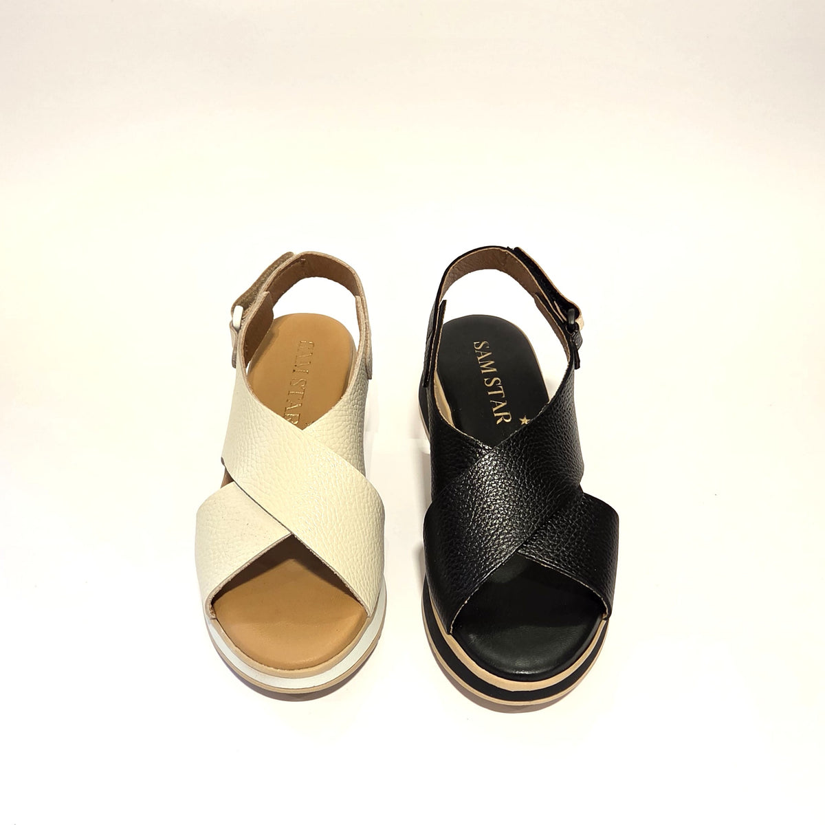 5943 Spanish leather crossed strap sandals in off white and Black (New)
