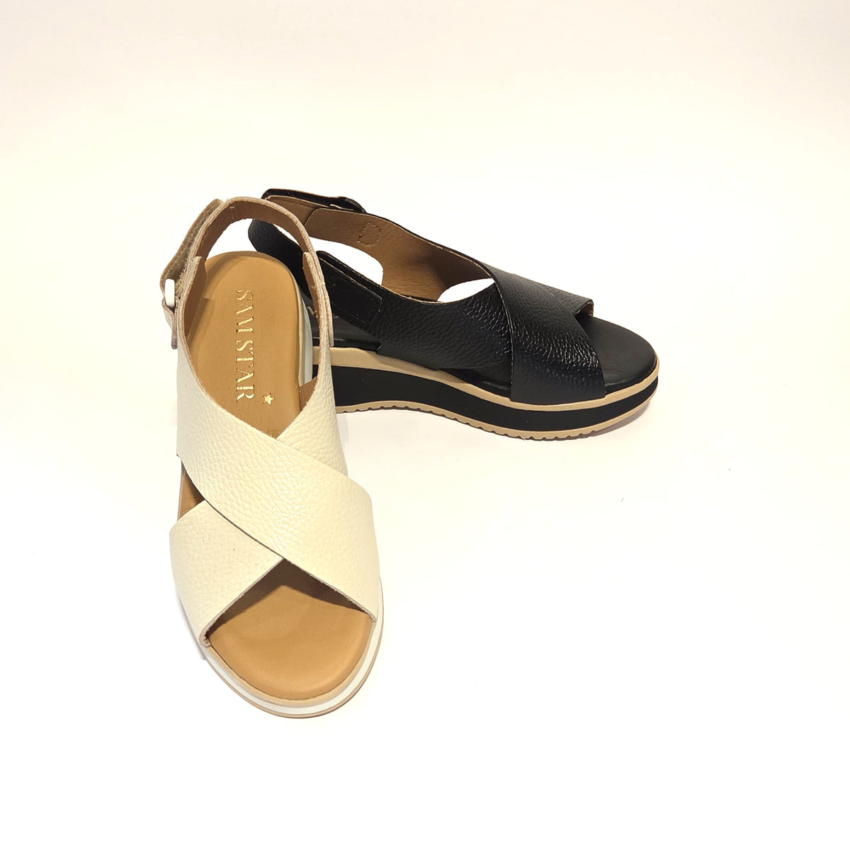 5943 Spanish leather crossed strap sandals in off white and Black (New)