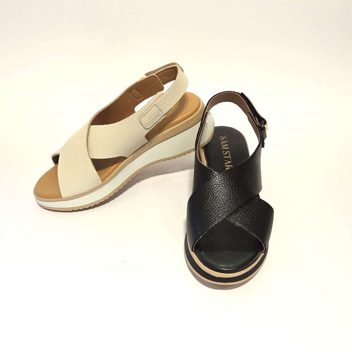 5943 Spanish leather crossed strap sandals in off white and Black (New)