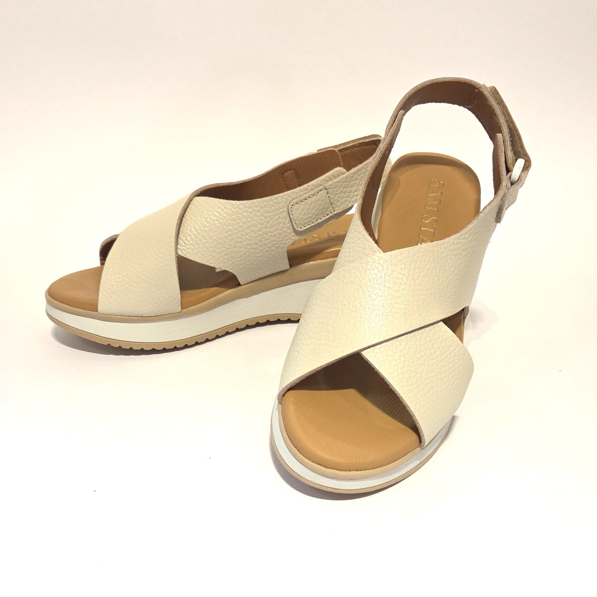 5943 Spanish leather crossed strap sandals in off white and Black (New)