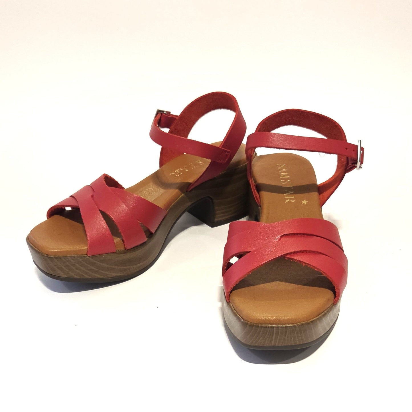 5923 Spanish leather strappy sandals with block heel in Red and Black (New) sandals Sam Star Shoes 