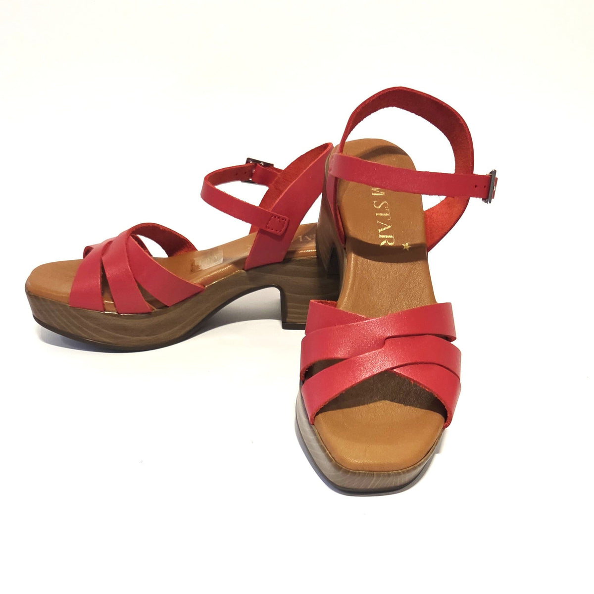 5923 Spanish leather strappy sandals with block heel in Red and Black (New) sandals Sam Star Shoes 