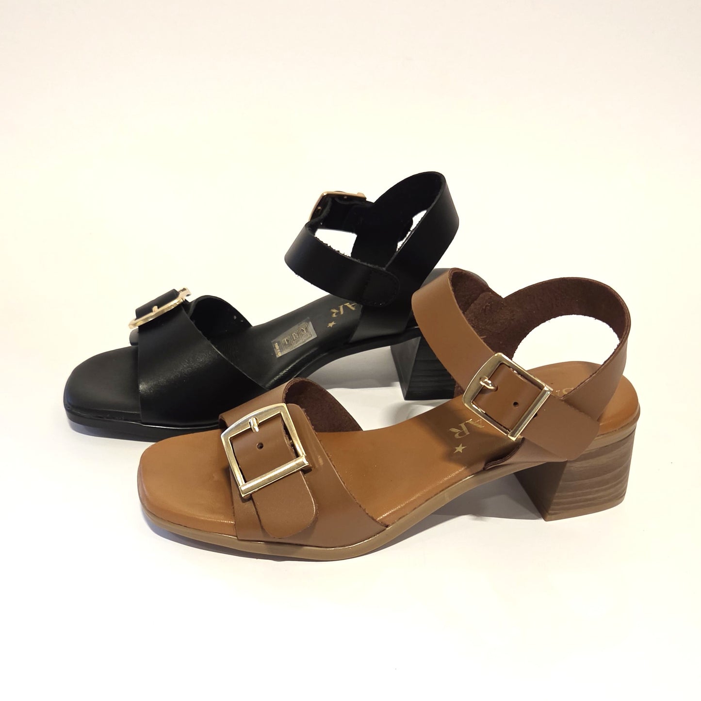 6003 Spanish leather strappy sandals with buckles in Black and Brown (New)