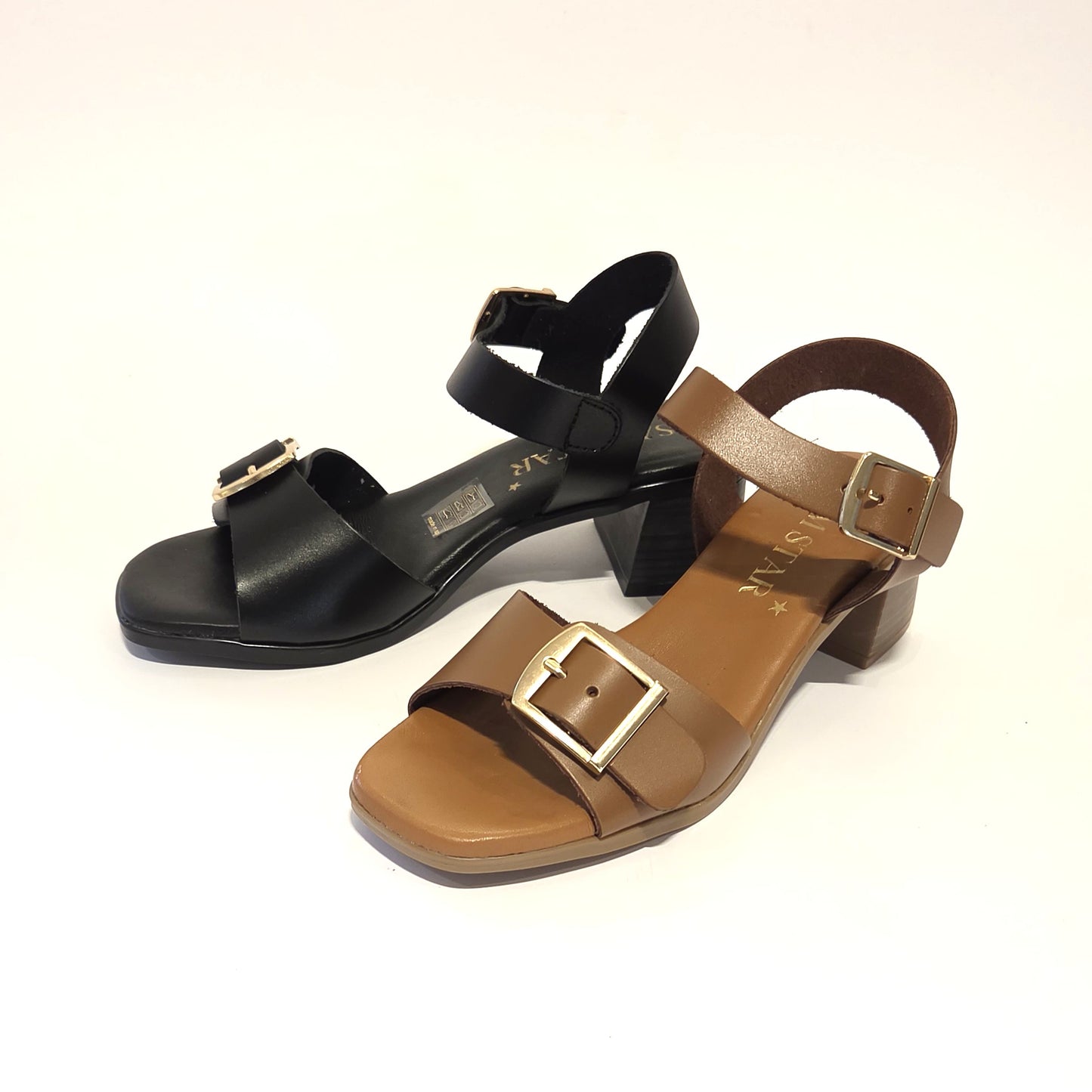 6003 Spanish leather strappy sandals with buckles in Black and Brown (New)