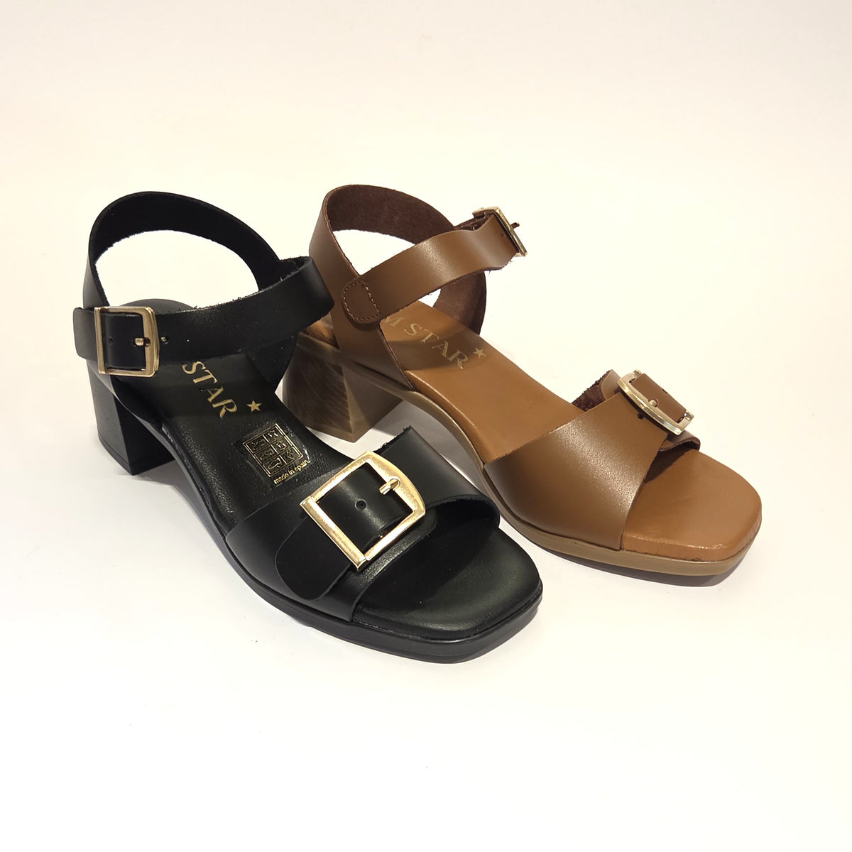 6003 Spanish leather strappy sandals with buckles in Black and Brown (New)