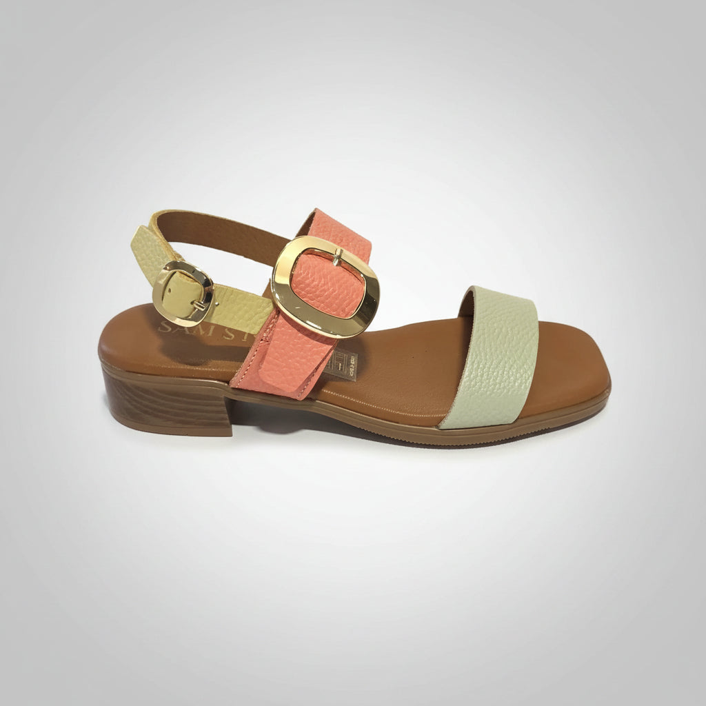 5894 Spanish leather sandals with gold buckle in multi colour and white (New)