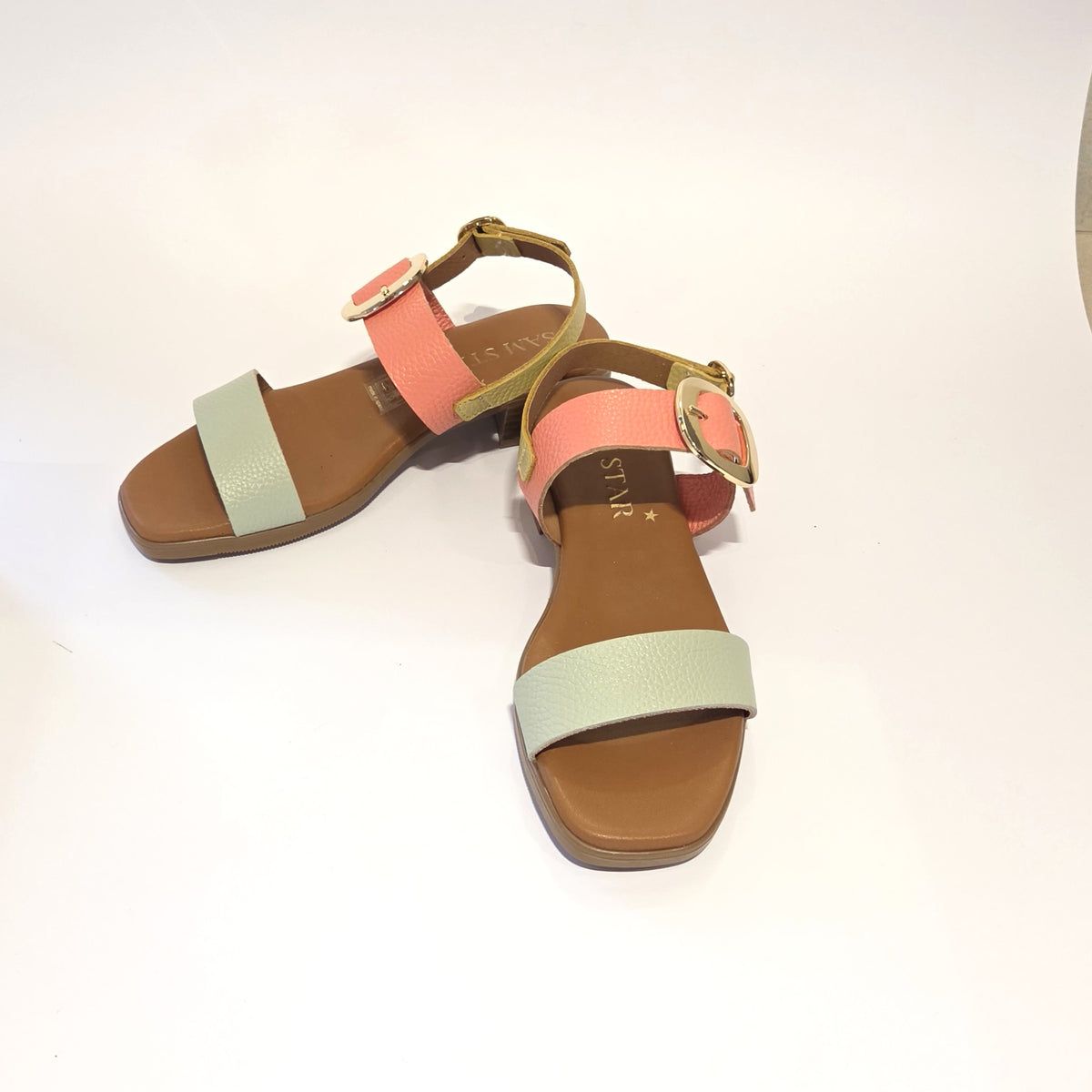 5894 Spanish leather sandals with gold buckle in multi colour and white (New)