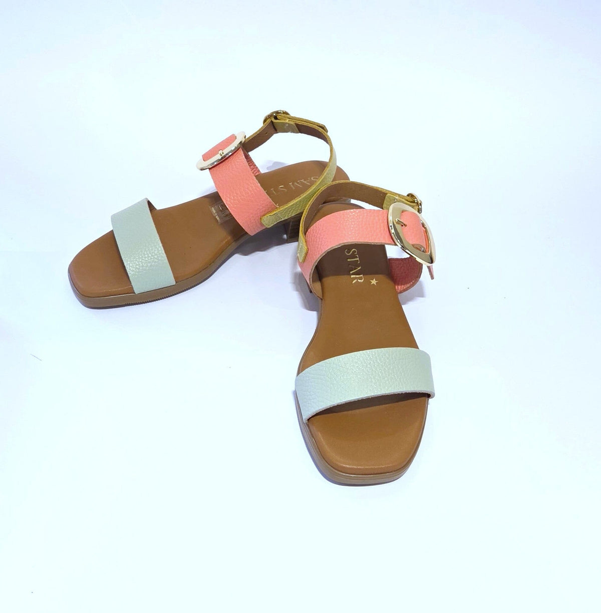 5894 Spanish leather sandals with gold buckle in multi colour and white (New) sandals Sam Star Shoes 