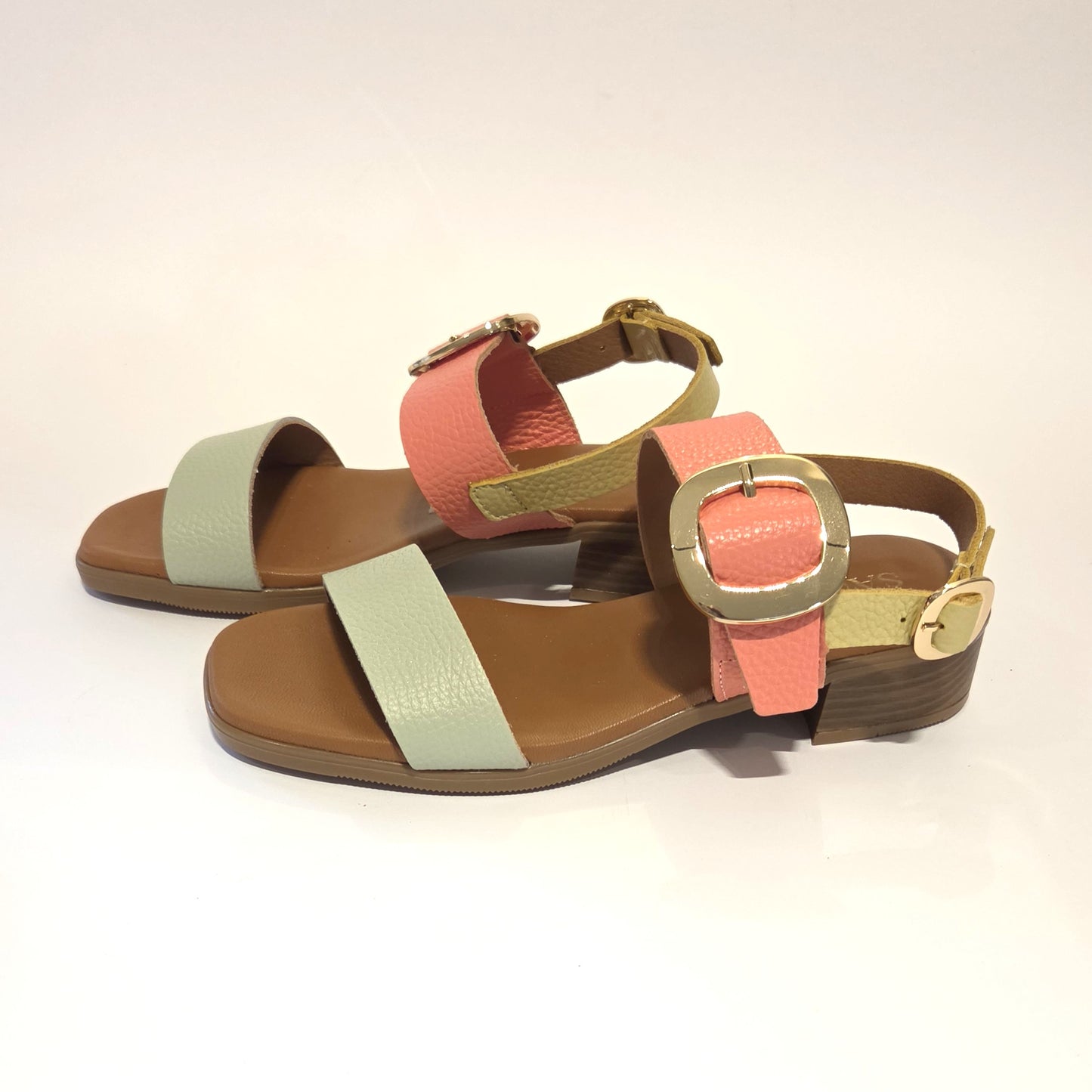 5894 Spanish leather sandals with gold buckle in multi colour and white (New)