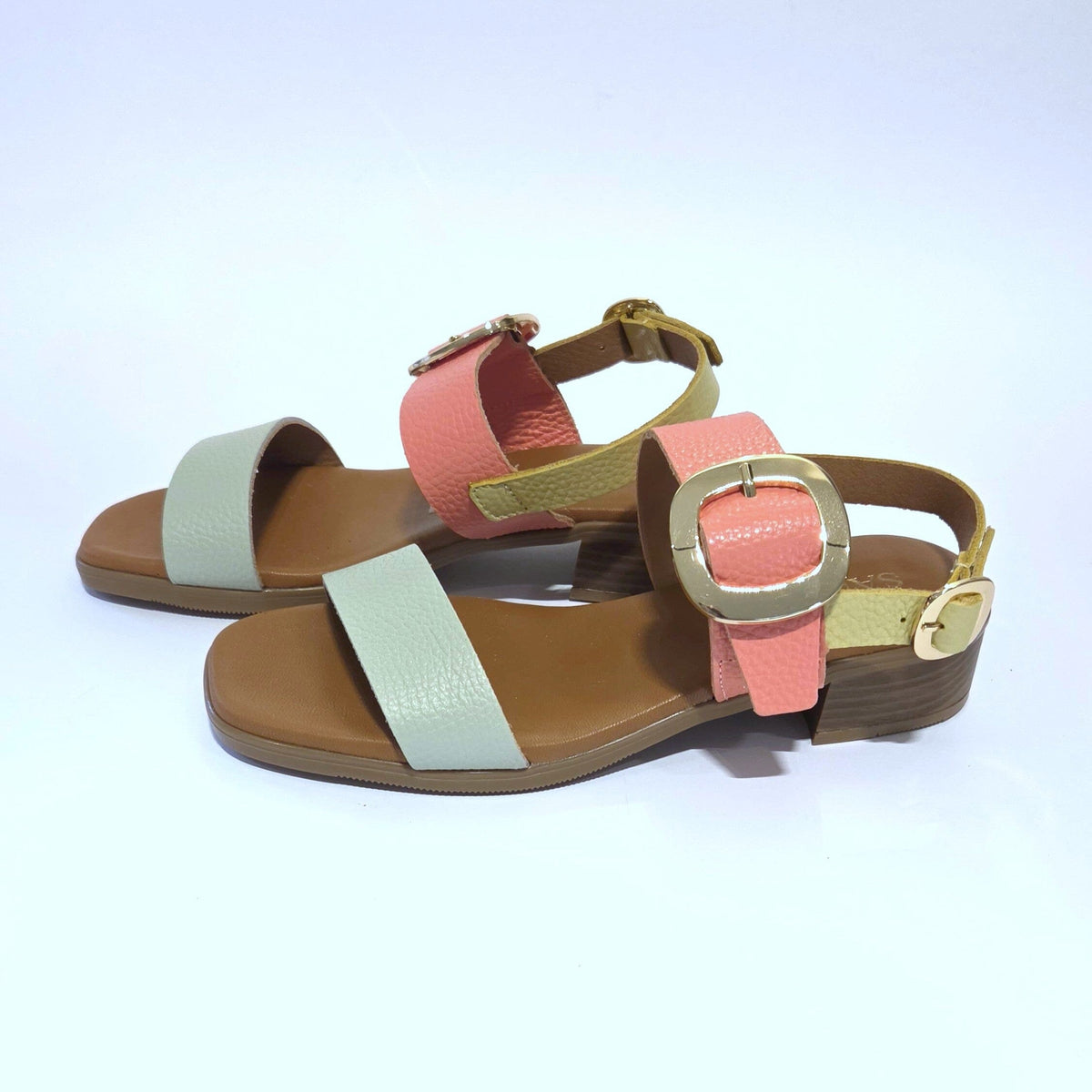 5894 Spanish leather sandals with gold buckle in multi colour and white (New) sandals Sam Star Shoes 