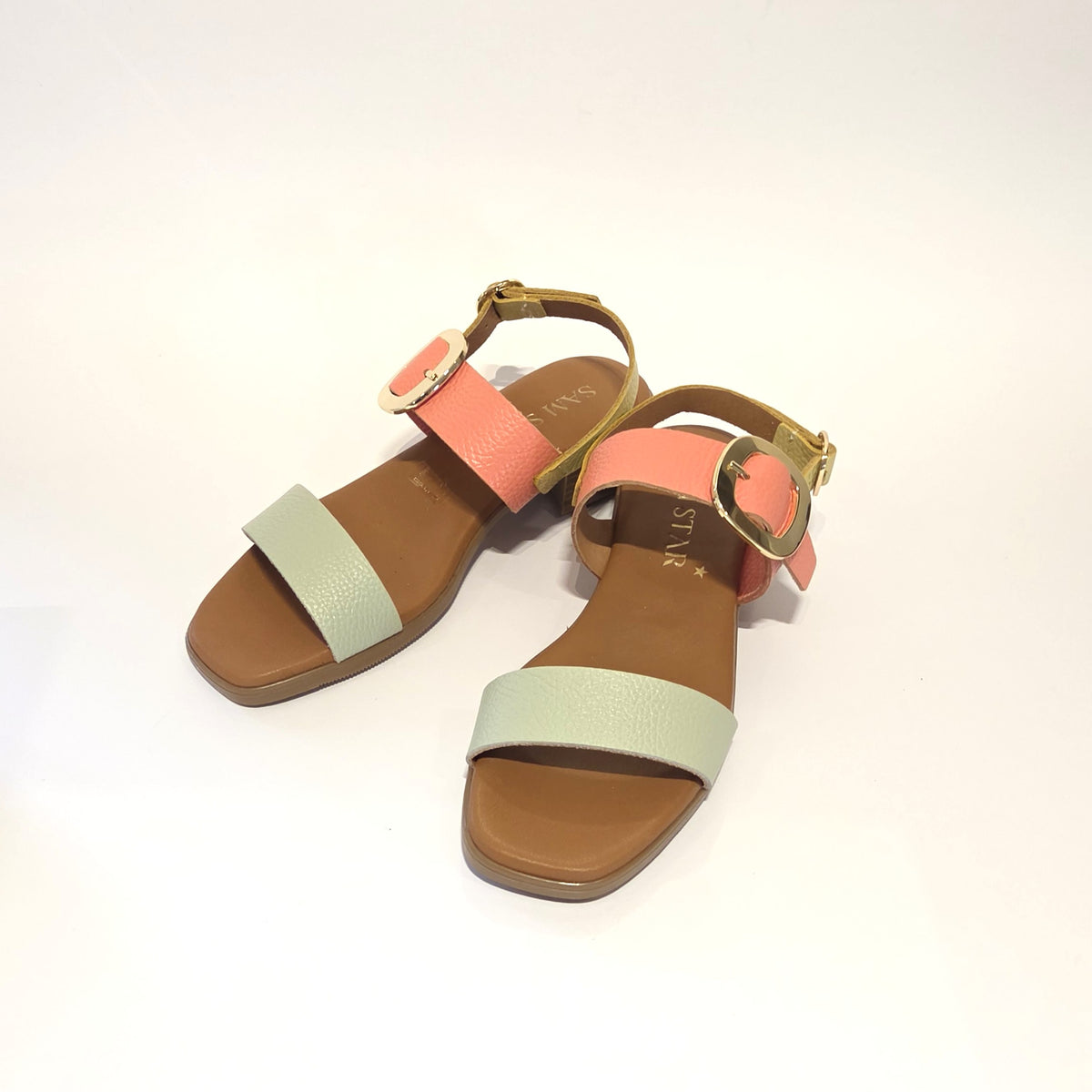 5894 Spanish leather sandals with gold buckle in multi colour and white (New)
