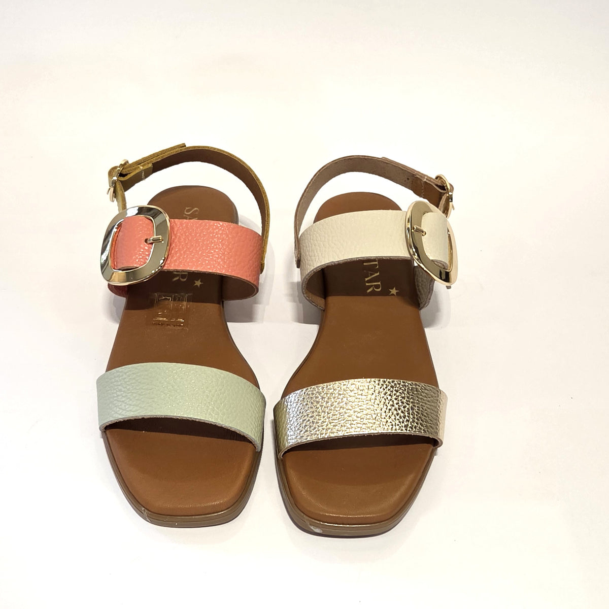 5894 Spanish leather sandals with gold buckle in multi colour and white (New)