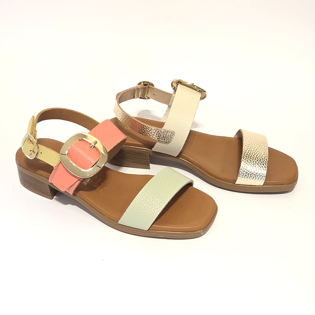 5894 Spanish leather sandals with gold buckle in multi colour and white (New)