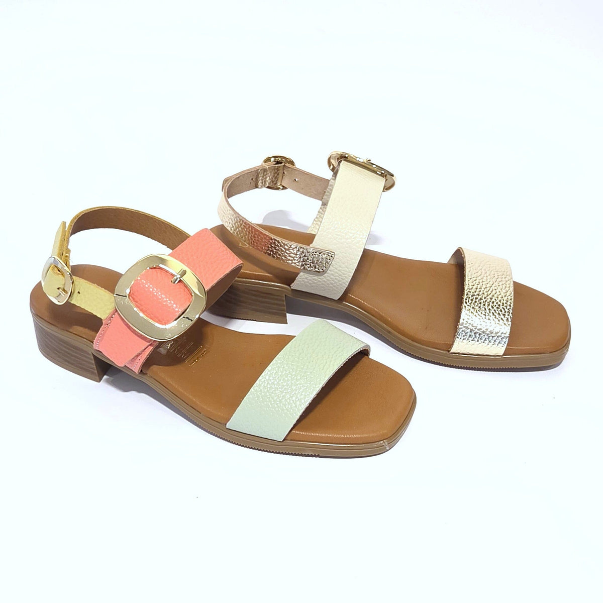 5894 Spanish leather sandals with gold buckle in multi colour and white (New) sandals Sam Star Shoes 