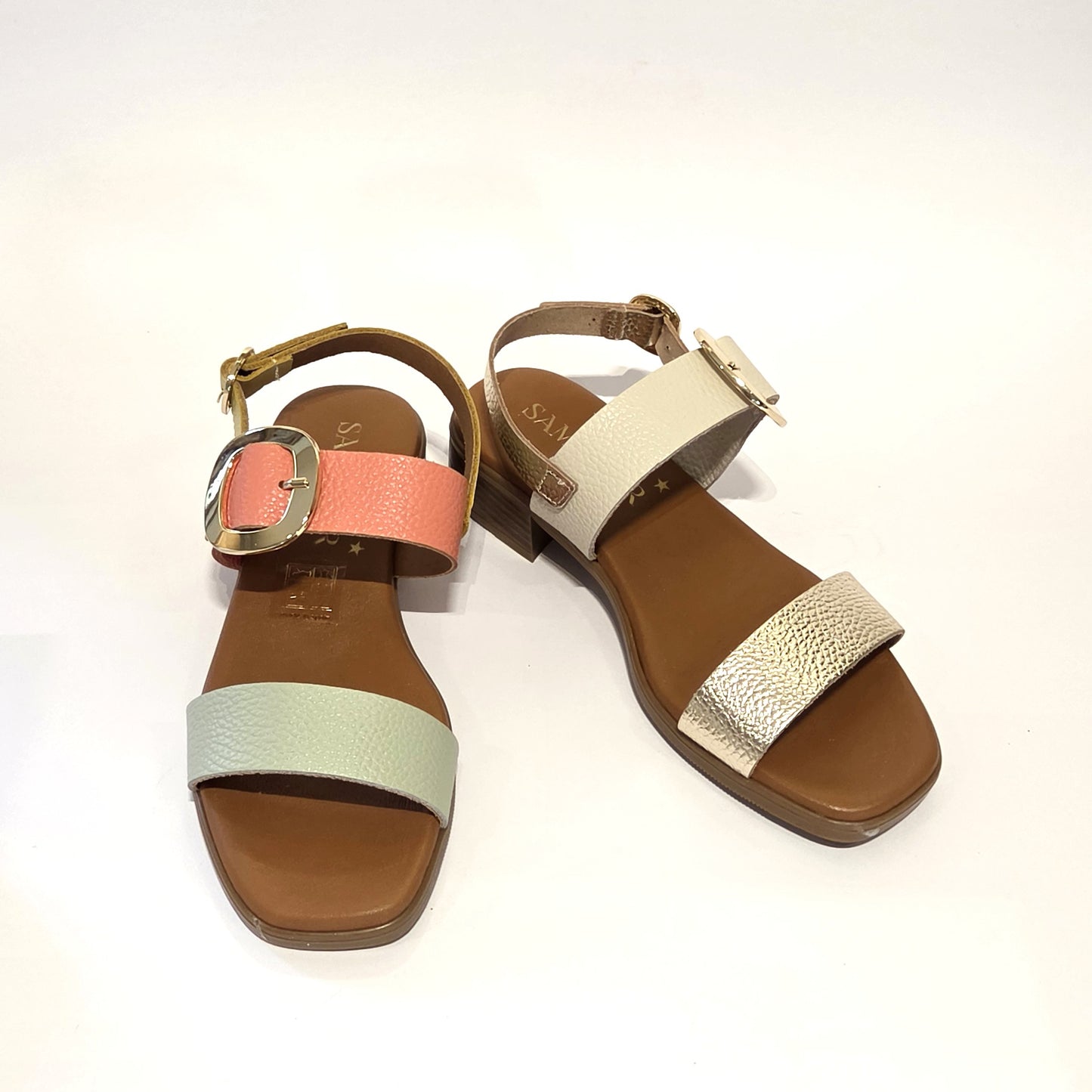5894 Spanish leather sandals with gold buckle in multi colour and white (New)