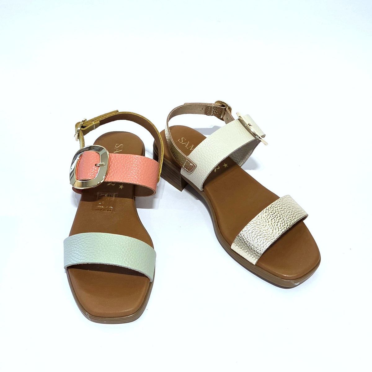 5894 Spanish leather sandals with gold buckle in multi colour and white (New) sandals Sam Star Shoes 