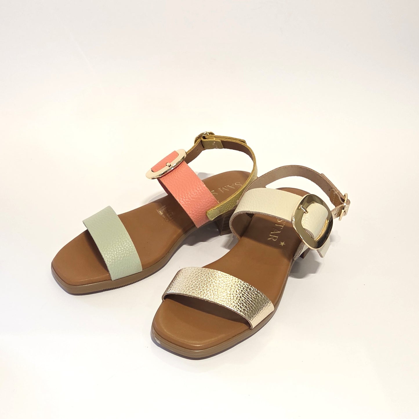 5894 Spanish leather sandals with gold buckle in multi colour and white (New)