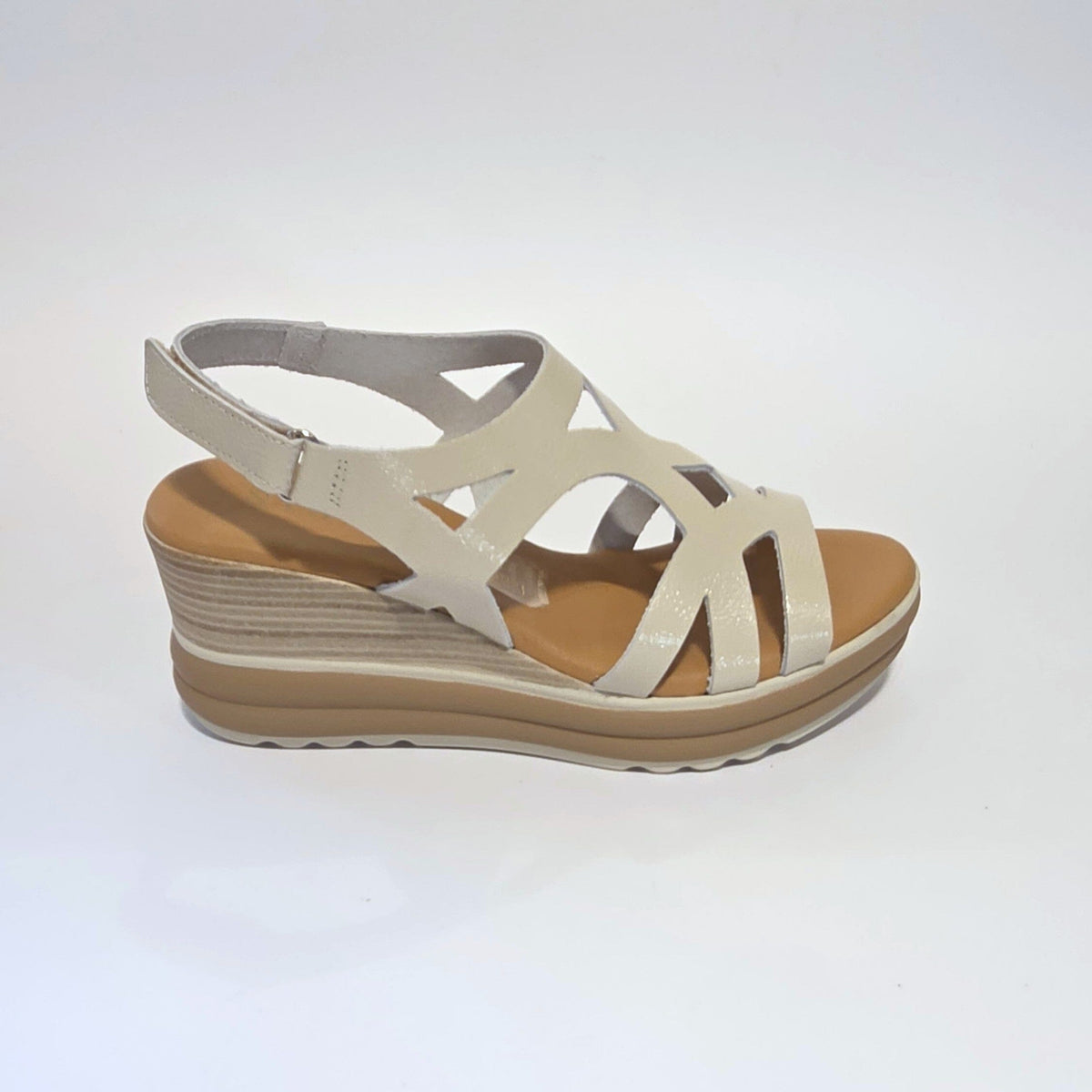 5992 Spanish laser cut leather wedge with cushion inside in champaign & white (New) sandals Sam Star Shoes 