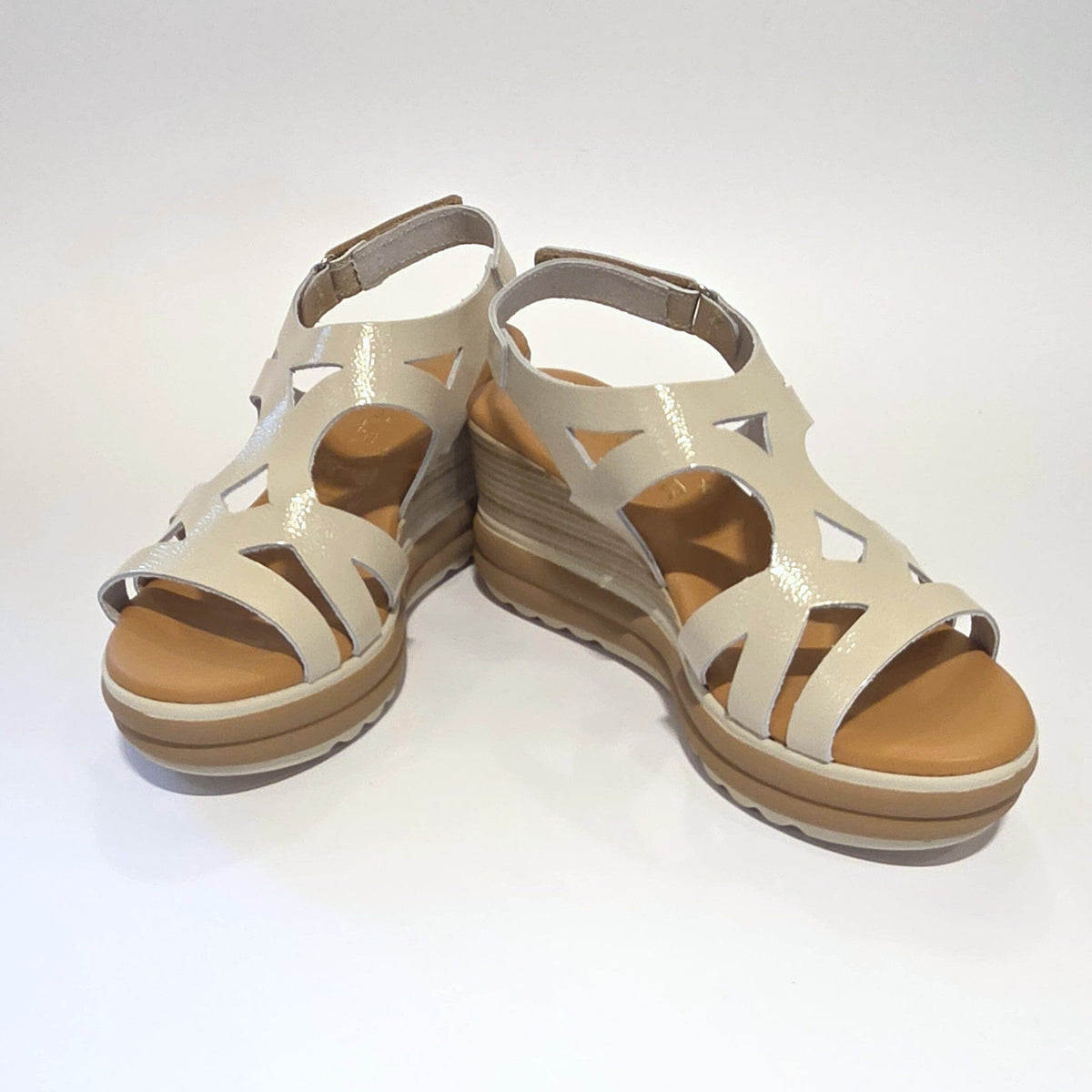 5992 Spanish laser cut leather wedge with cushion inside in champaign & white (New) sandals Sam Star Shoes 