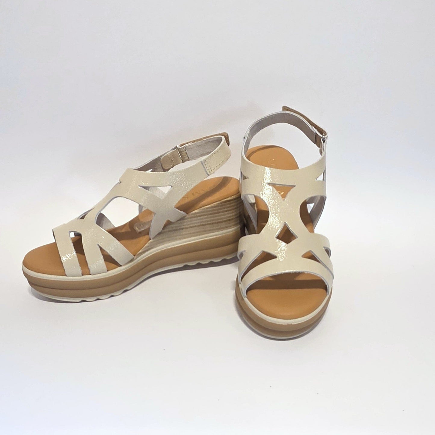 5992 Spanish laser cut leather wedge with cushion inside in champaign & white (New) sandals Sam Star Shoes 