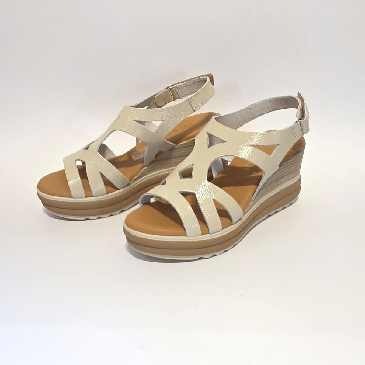 5992 Spanish laser cut leather wedge with cushion inside in champaign & white (New) sandals Sam Star Shoes White 36/3 