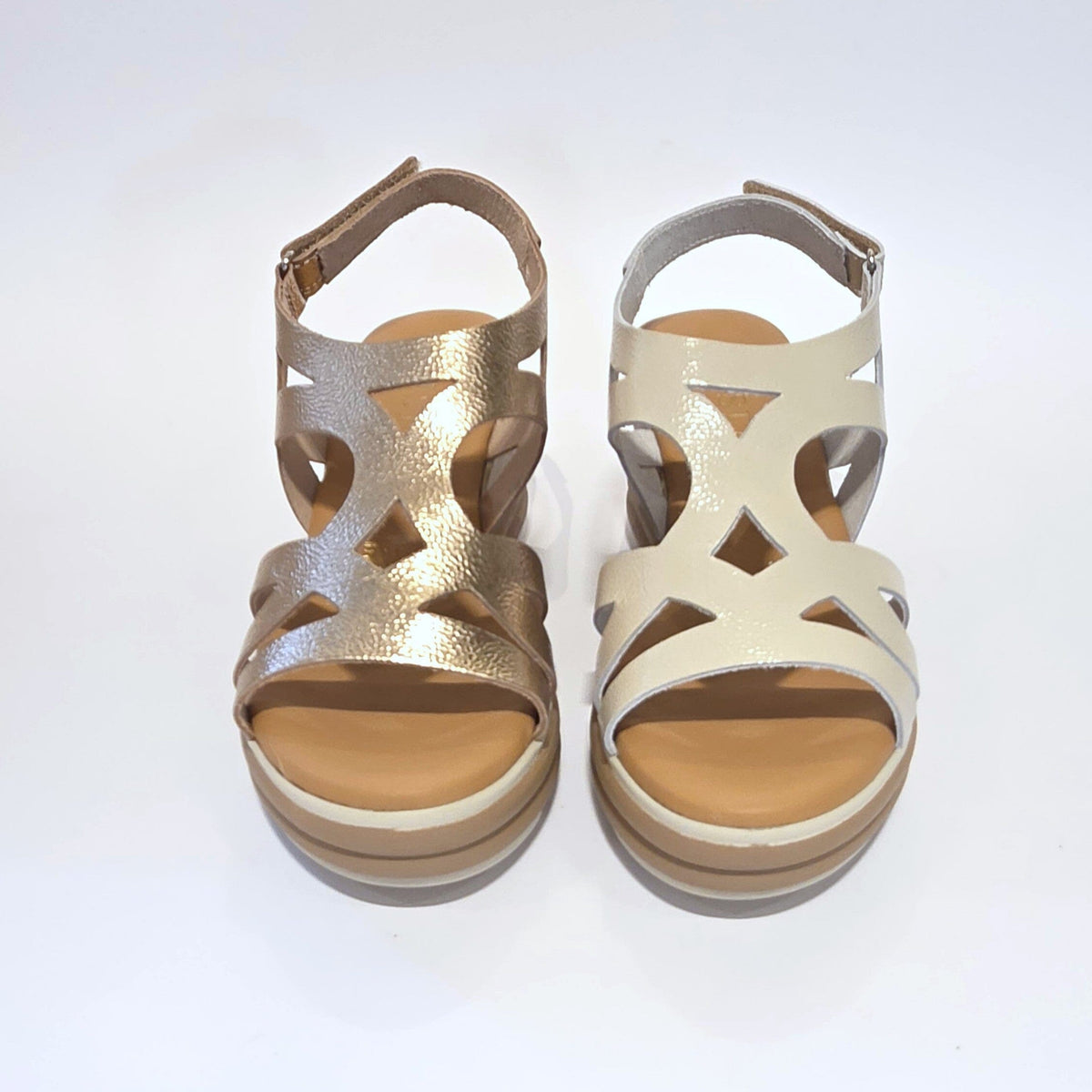 5992 Spanish laser cut leather wedge with cushion inside in champaign & white (New) sandals Sam Star Shoes 