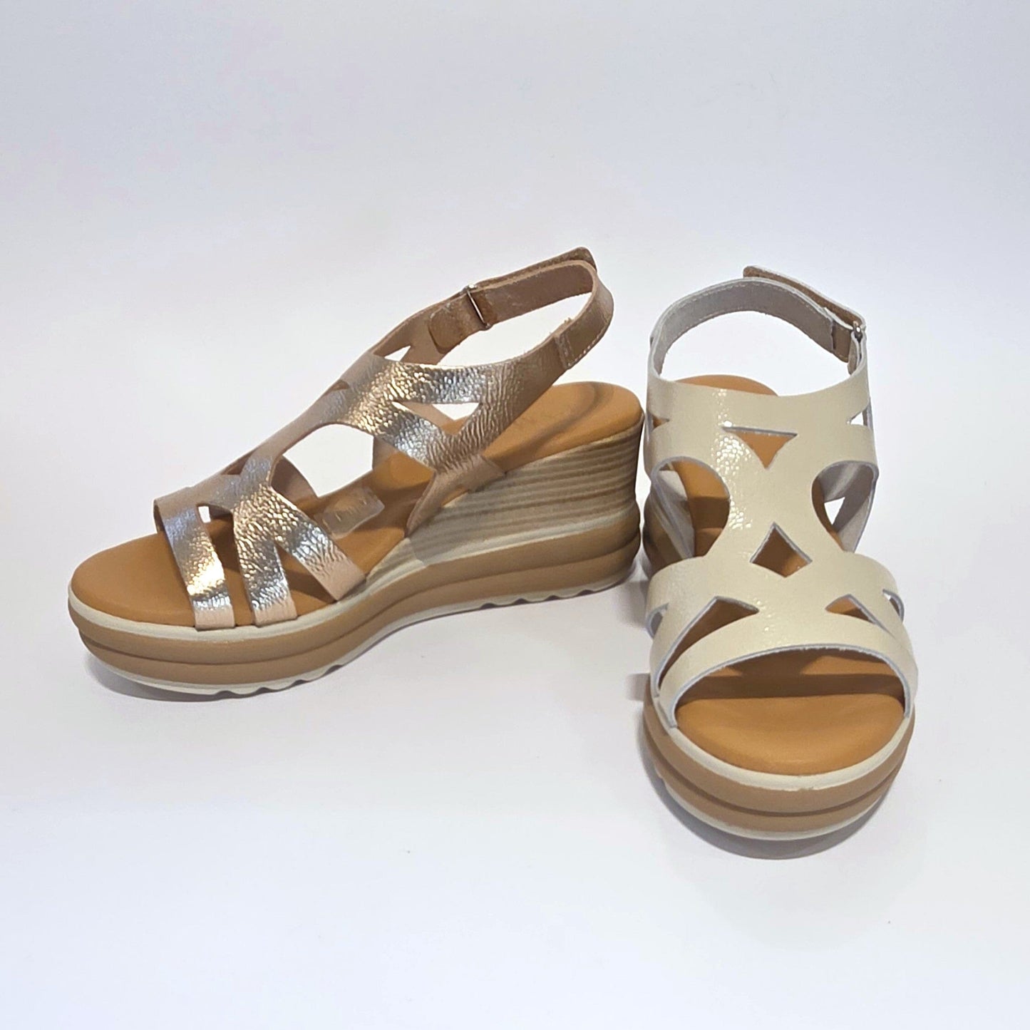 5992 Spanish laser cut leather wedge with cushion inside in champaign & white (New) sandals Sam Star Shoes 
