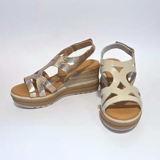 5992 Spanish laser cut leather wedge with cushion inside in champaign & white (New) sandals Sam Star Shoes 