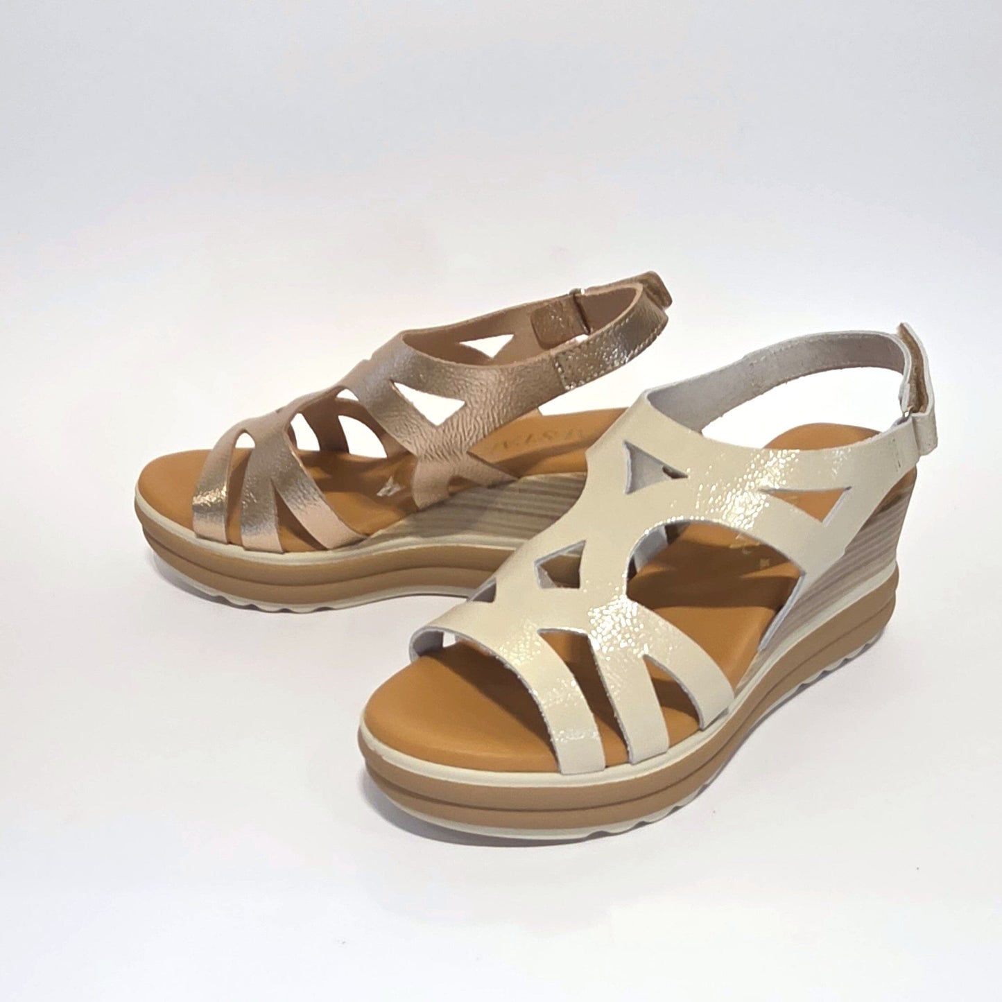 5992 Spanish laser cut leather wedge with cushion inside in champaign & white (New) sandals Sam Star Shoes 