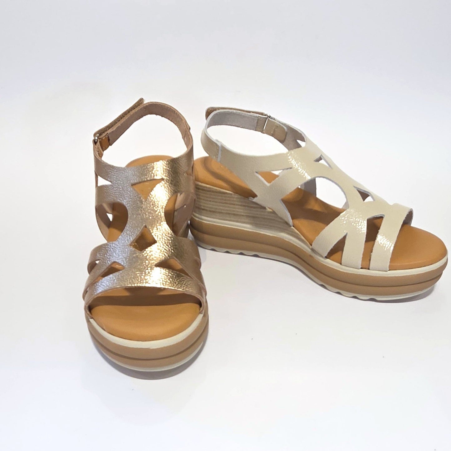 5992 Spanish laser cut leather wedge with cushion inside in champaign & white (New) sandals Sam Star Shoes 