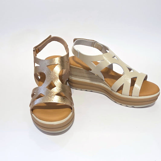 5992 Spanish laser cut leather wedge with cushion inside in champaign & white (New) sandals Sam Star Shoes 