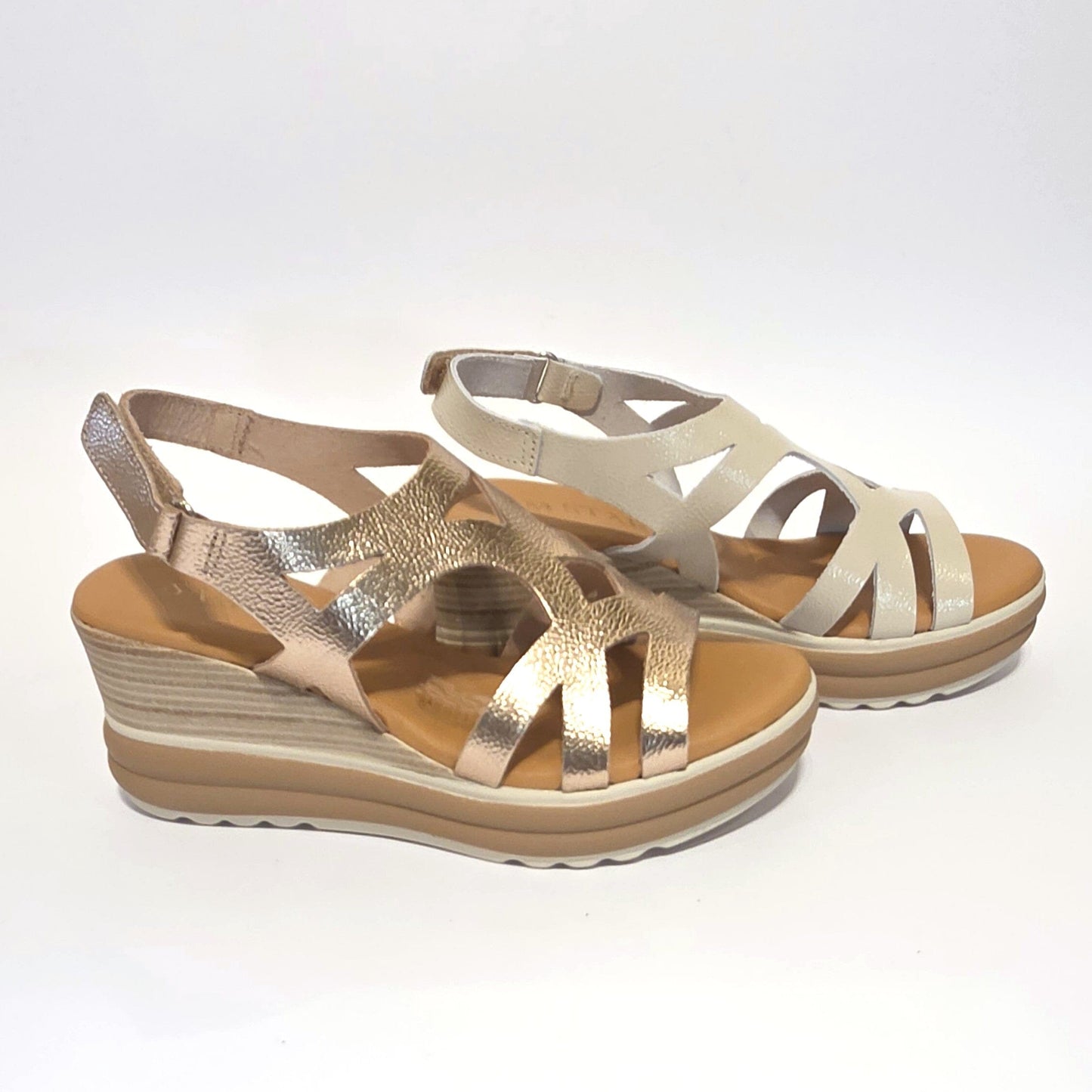 5992 Spanish laser cut leather wedge with cushion inside in champaign & white (New) sandals Sam Star Shoes 