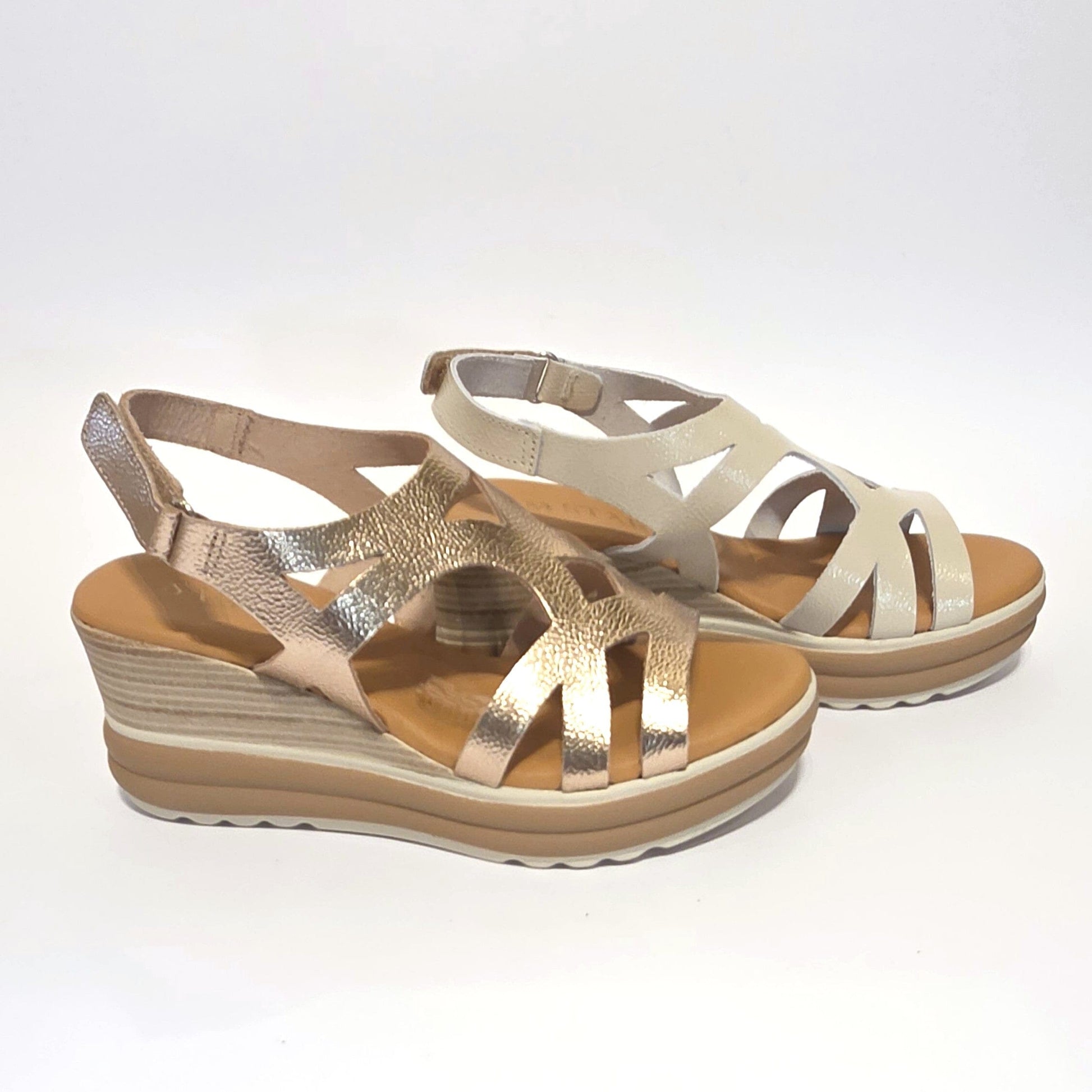 5992 Spanish laser cut leather wedge with cushion inside in champaign & white (New) sandals Sam Star Shoes 