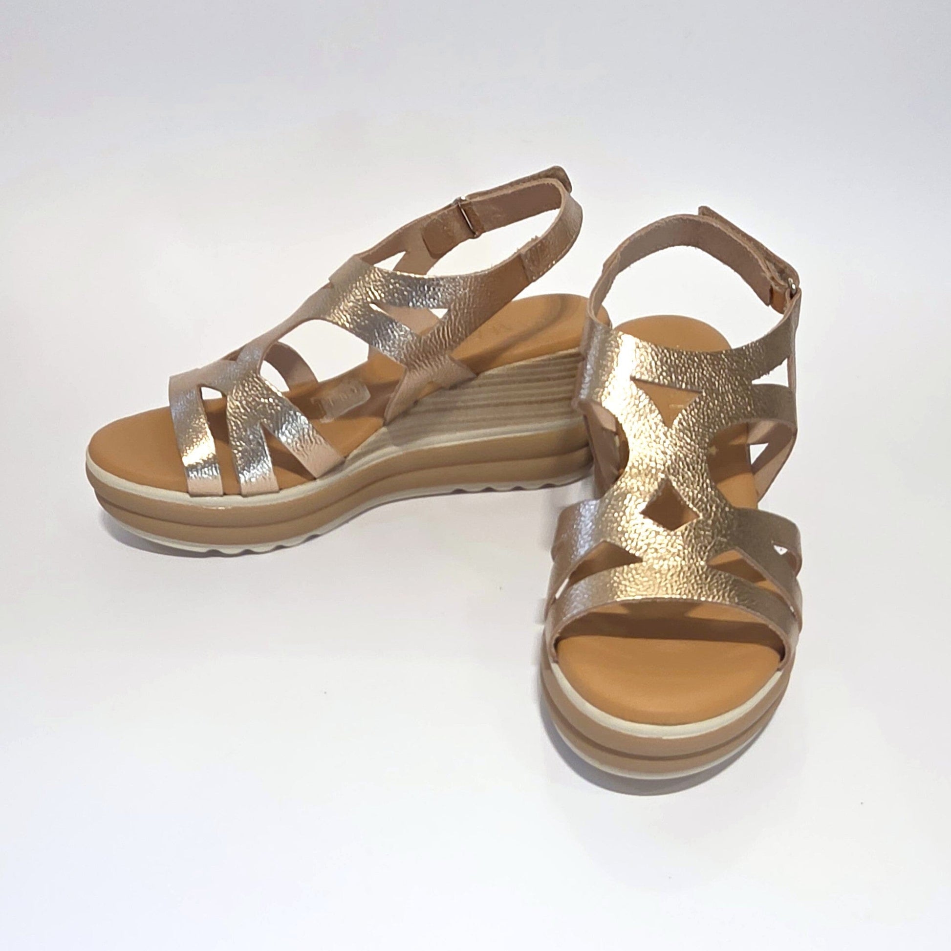 5992 Spanish laser cut leather wedge with cushion inside in champaign & white (New) sandals Sam Star Shoes 
