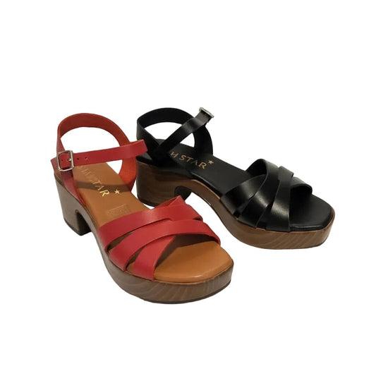 5923 Spanish leather strappy sandals with block heel in Red and Black (New) sandals Sam Star Shoes 