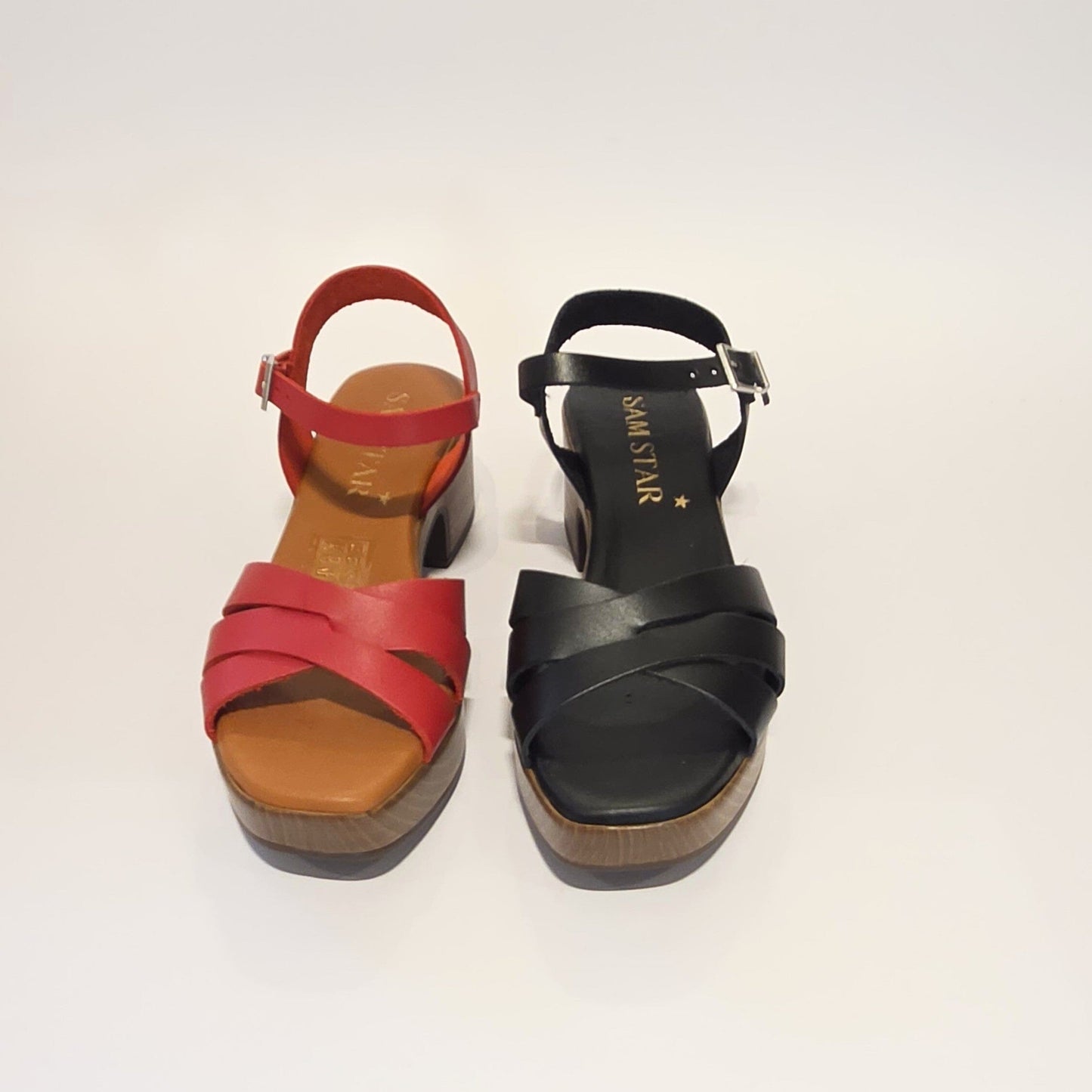 5923 Spanish leather strappy sandals with block heel in Red and Black (New) sandals Sam Star Shoes 