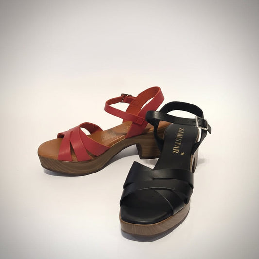 5923 Spanish leather strappy sandals with block heel in Red and Black (New) sandals Sam Star Shoes 