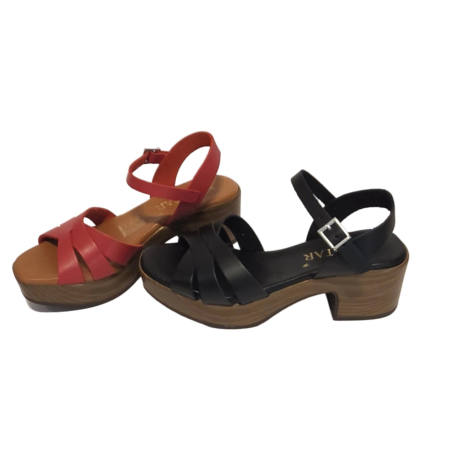 5923 Spanish leather strappy sandals with block heel in Red and Black (New) sandals Sam Star Shoes 