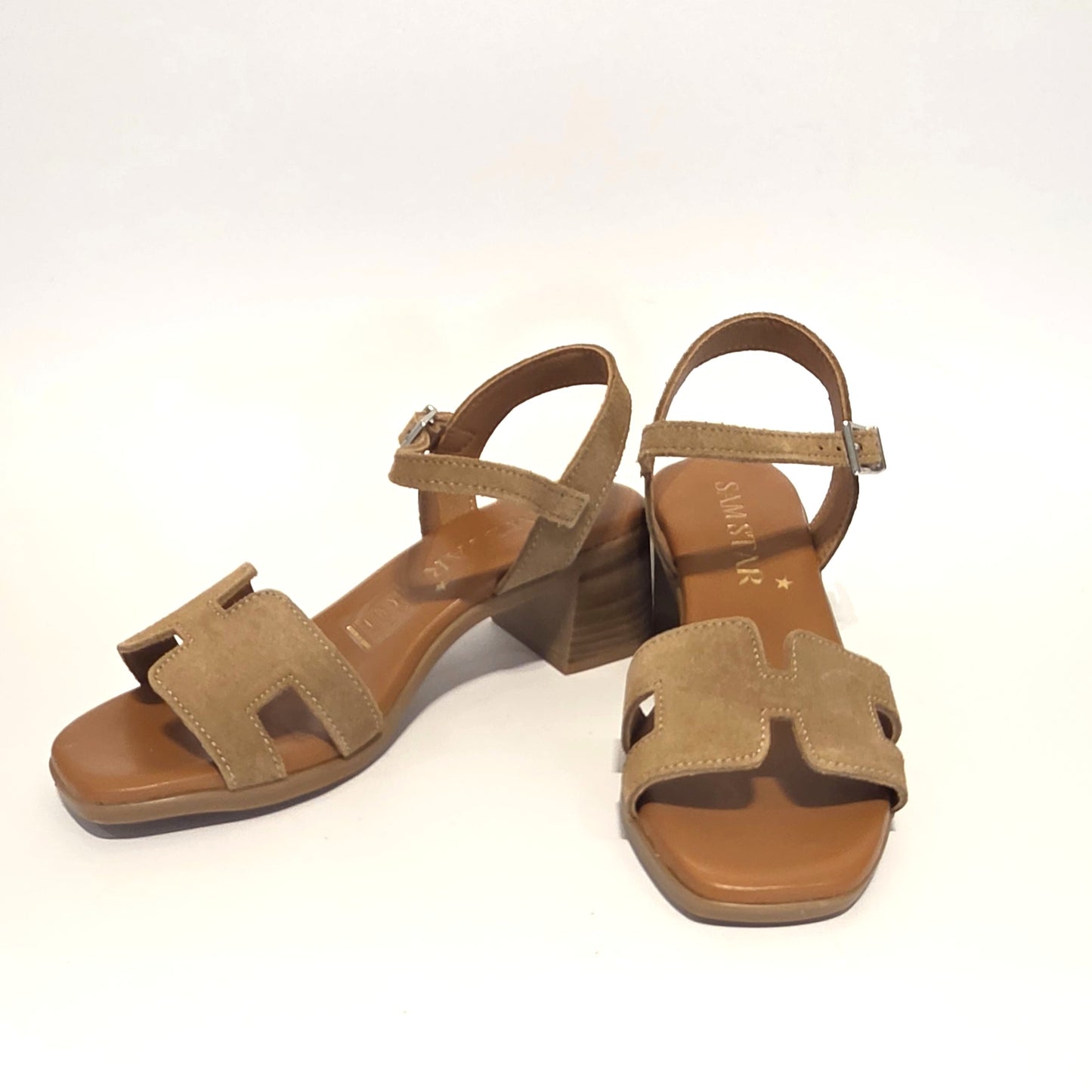 5901 Spanish leather sandals in block heel in suede taupe (New)
