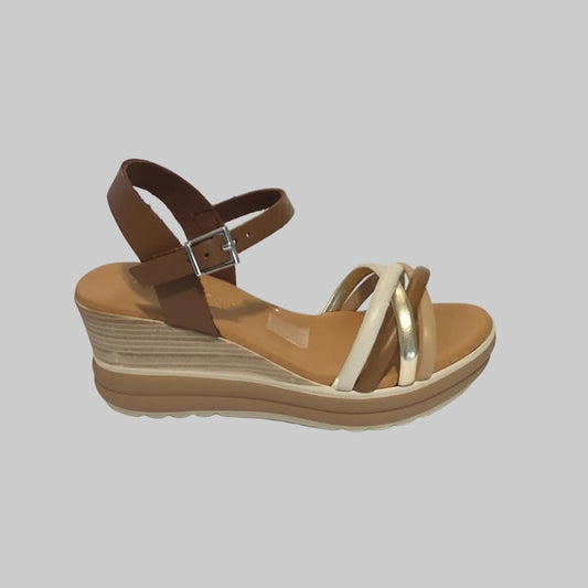 5994 Spanish strappy leather wedge with cushion inside in tan/multi colour (New) sandals Sam Star Shoes 