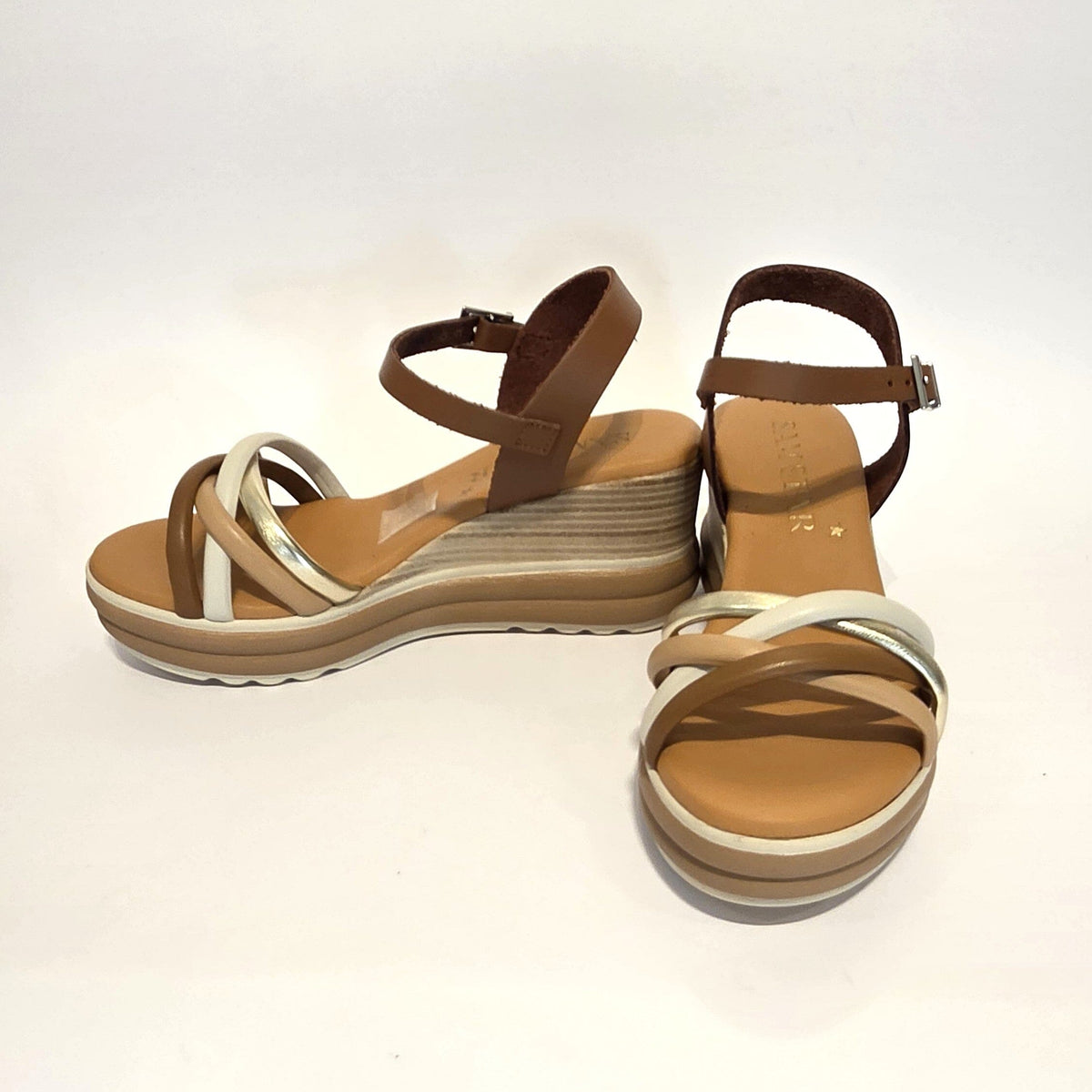 5994 Spanish strappy leather wedge with cushion inside in tan/multi colour (New) sandals Sam Star Shoes 