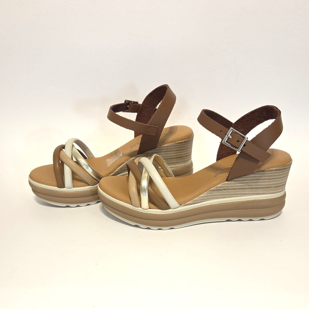 5994 Spanish strappy leather wedge with cushion inside in tan/multi colour (New) sandals Sam Star Shoes 