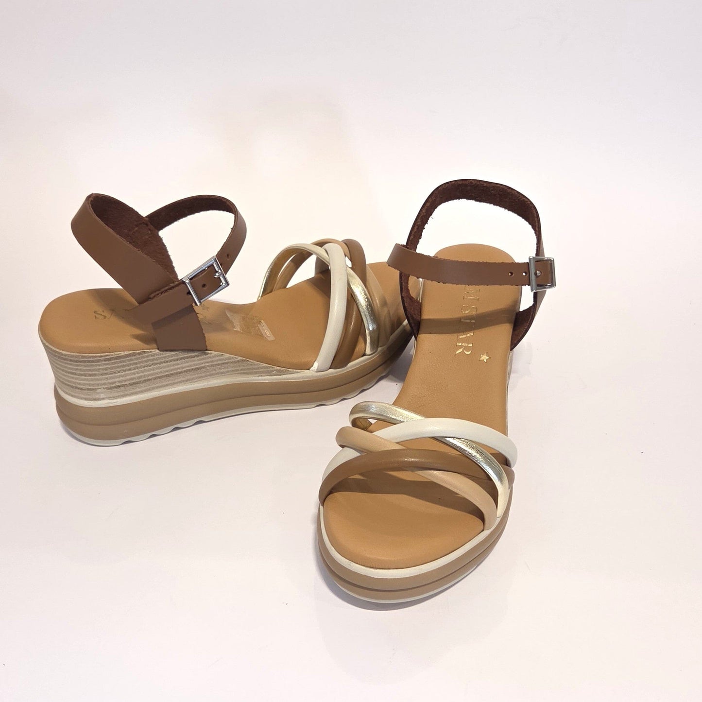 5994 Spanish strappy leather wedge with cushion inside in tan/multi colour (New) sandals Sam Star Shoes 