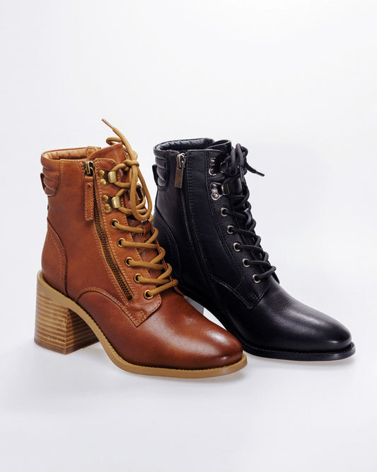 SS26010 Leather block heel boots with lace up in brown and black ( NEW ) Boots Sam Star shoes 