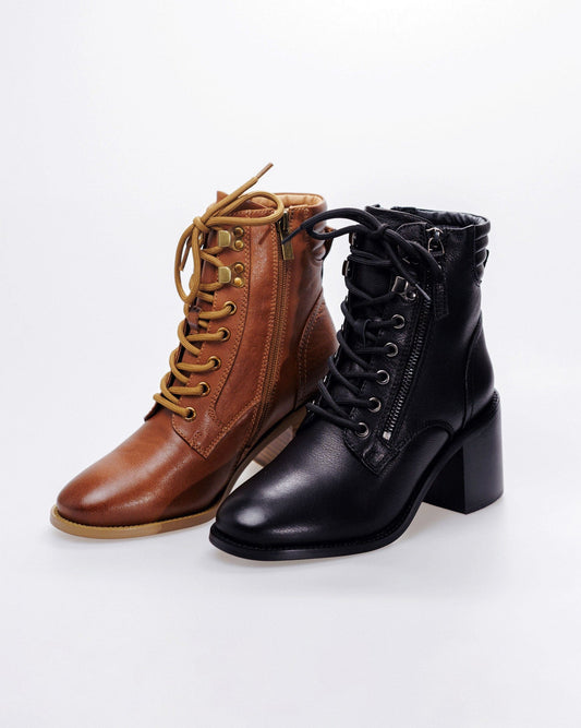 SS26010 Leather block heel boots with lace up in brown and black ( NEW ) Boots Sam Star shoes 