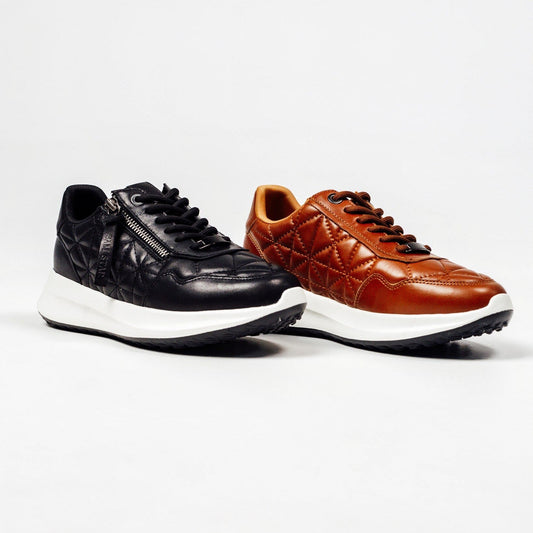 SS26008 Leather sneakers with quilted detail & cushion sole in Black & Tan (New) sneakers Sam Star shoes 