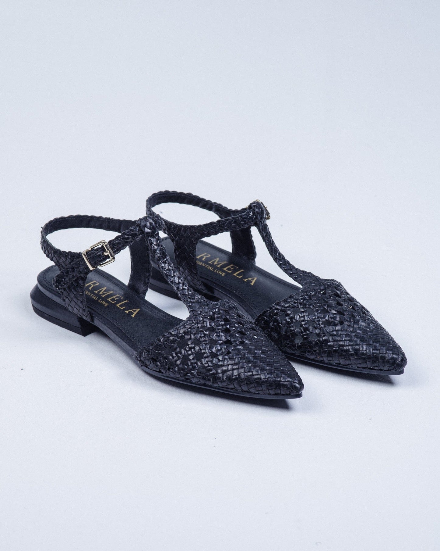 163132 Spanish Leather T bar woven flat shoes Black and Gold (New) ladies shoes Sam Star shoes 